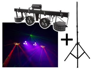 Complete 4-in-1 DJ-lichtset met DMX-besturing, LED-PAR spots, Derby-FX, een laser en LED-stroboscopen inclusief statief